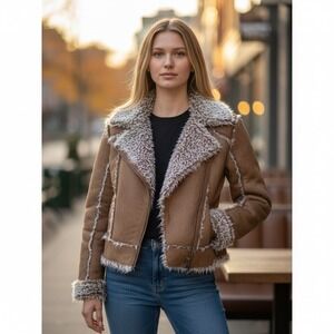 Vintage Y2K Azzure Women's Taupe Faux Suede Fur Trim Moto Jacket‎ Size S NEW
